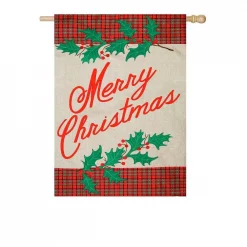 Evergreen 28 In. X 44 In. Merry Christmas Plaid House Burlap Flag
