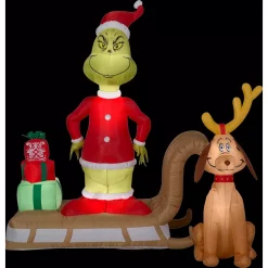 Gemmy 6 Ft. Tall Airblown Inflatable Grinch And Max On Sled Scene