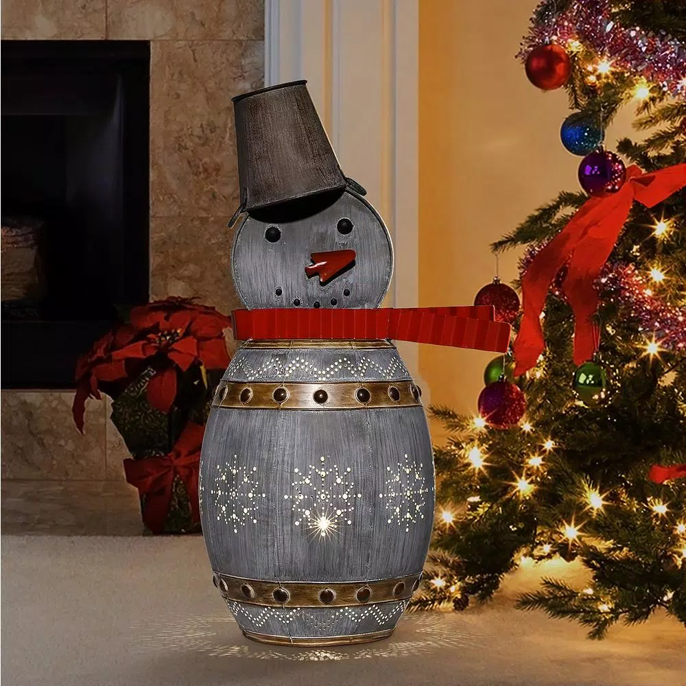 Alpine Corporation 30 In. Tall Weathered Barrel Snowman With Warm White LED Lights 2 Alpine Corporation 30 In. Tall Weathered Barrel Snowman With Warm White LED Lights - Image 2