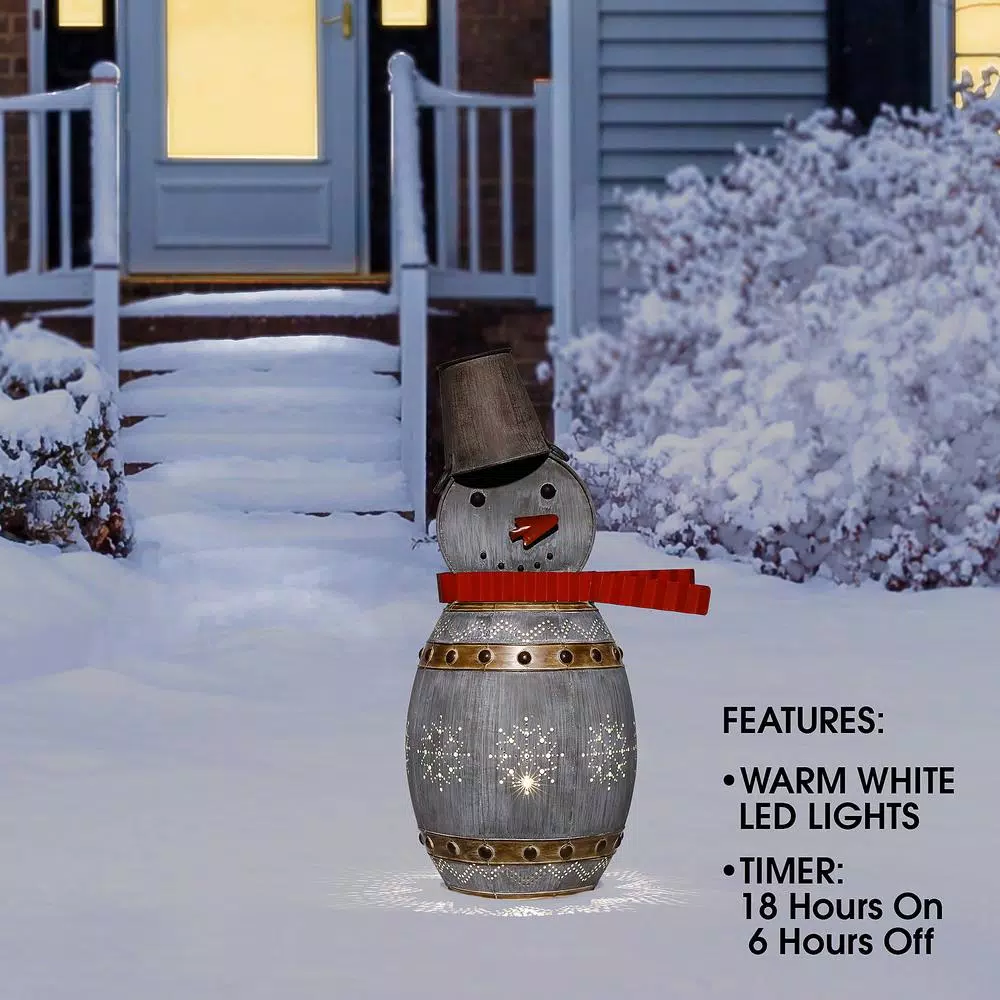 Alpine Corporation 30 In. Tall Weathered Barrel Snowman With Warm White LED Lights 4 Alpine Corporation 30 In. Tall Weathered Barrel Snowman With Warm White LED Lights - Image 4