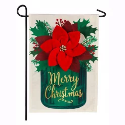 Evergreen 18 In. X 12.5 In. Poinsettia Mason Jar Garden Linen Flag