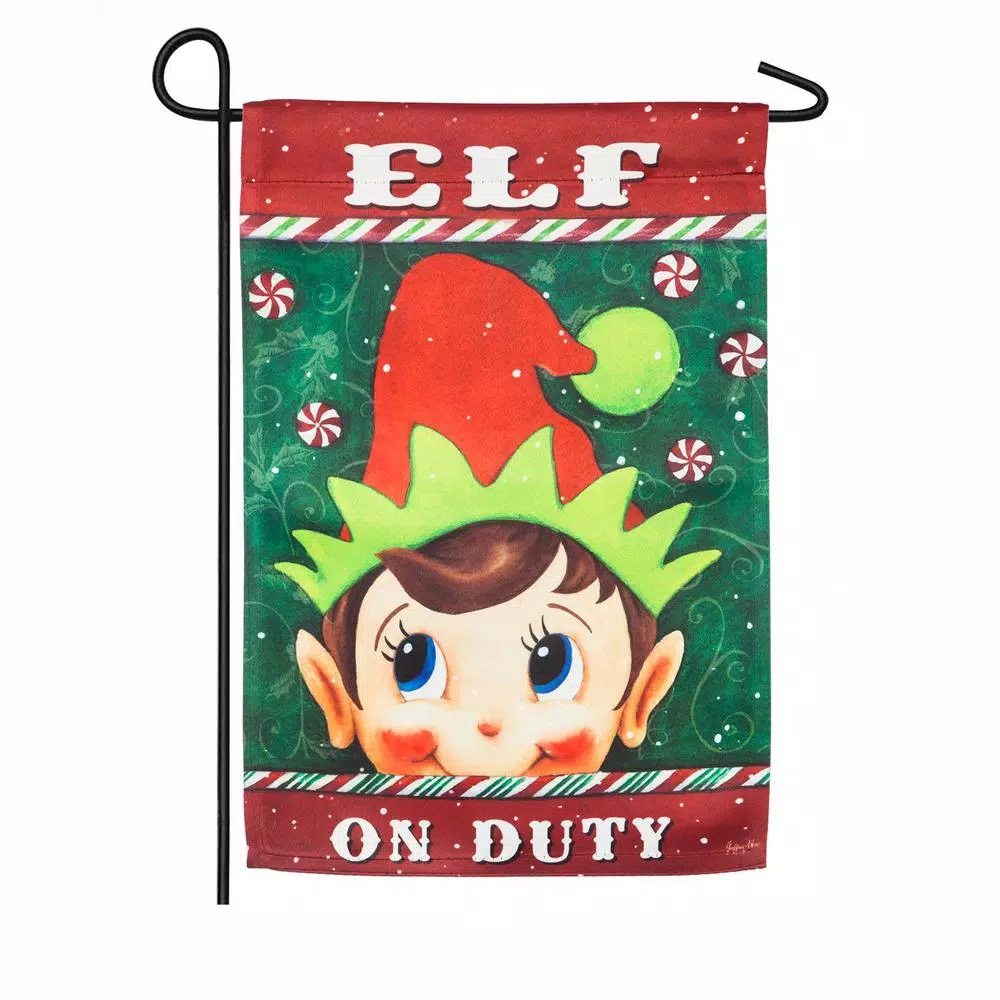 Evergreen 18 In. X 12.5 In. Elf On Duty Garden Suede Flag 1 Evergreen 18 In. X 12.5 In. Elf On Duty Garden Suede Flag