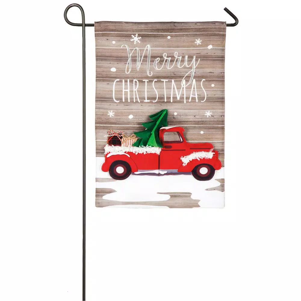 Evergreen 18 In. X 12.5 In. Vintage Christmas Truck Garden Linen Flag 1 Evergreen 18 In. X 12.5 In. Vintage Christmas Truck Garden Linen Flag