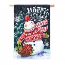 Evergreen 28 In. X 44 In. Norwegian Christmas Snowman And Santa House Suede Flag