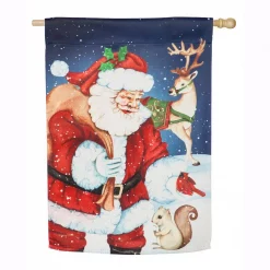 Evergreen 28 In. X 44 In. Santa And Friends House Suede Flag