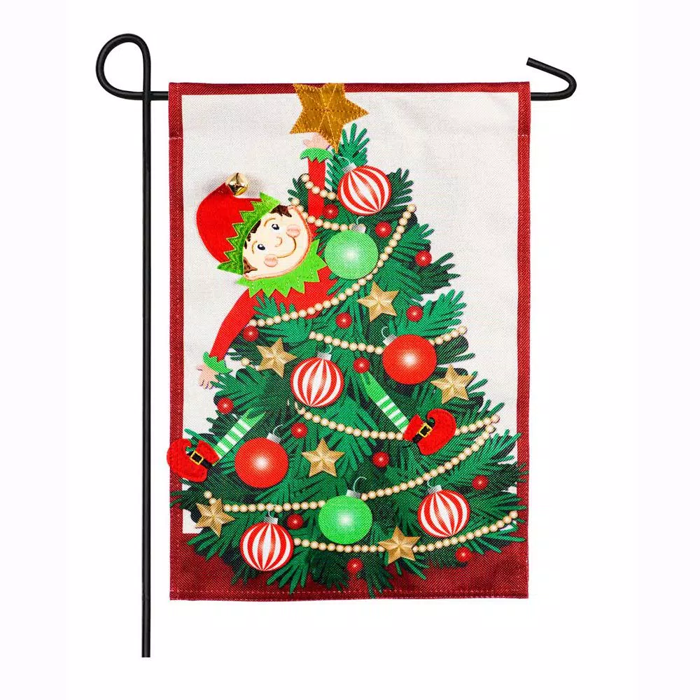 Evergreen 18 In. X 12.5 In. Elf Trouble Garden Burlap Flag 1 Evergreen 18 In. X 12.5 In. Elf Trouble Garden Burlap Flag