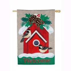 Evergreen 28 In. X 44 In. Holiday Chickadee Birdhouse House Burlap Flag